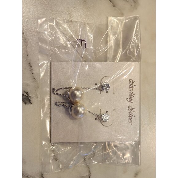 Sterling Silver Faux Pearl Drop Earrings With Sparkling CZ Studs - Picture 2 of 5